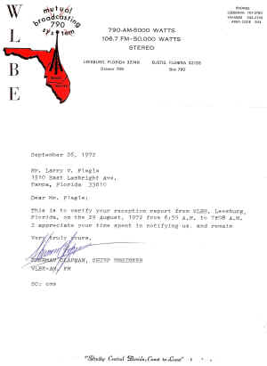 WLBE-AM QSL-1972-Larry Flegle.jpg (186195 bytes)